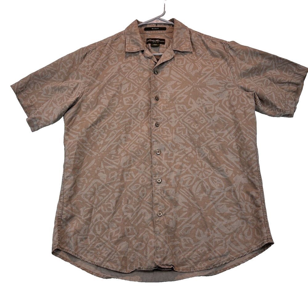 Eddie Bauer mens shirt S relaxed fit button up short sleeve Hawaiian Aztec‎